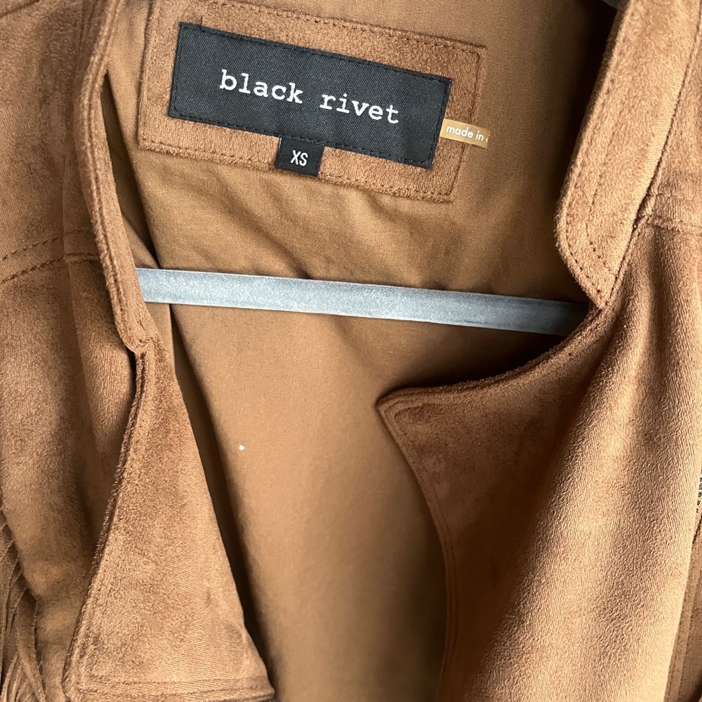 Black Rivet Tan Leather Jacket with Fringe - Picture 6 of 7